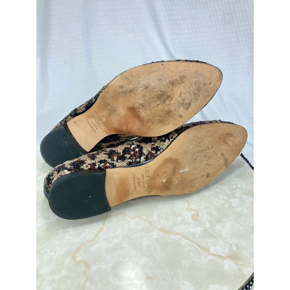 Kate Spade Sequin Leopard Print Loafers Womens 9.5 Gold Black Evening Party Flat